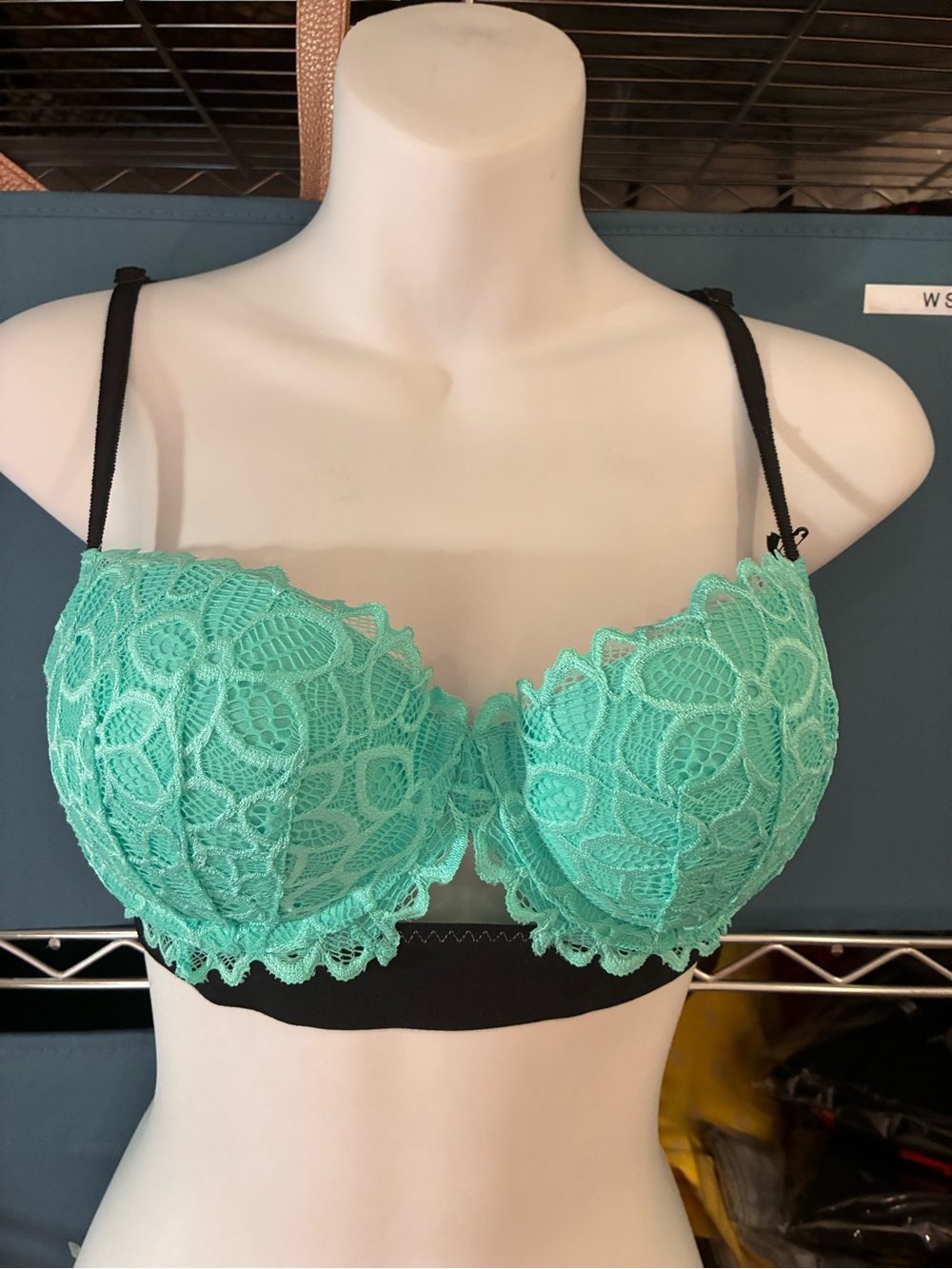 Pink Victoria's Secret Turquoise Lace Push-Up Bra with Black Band